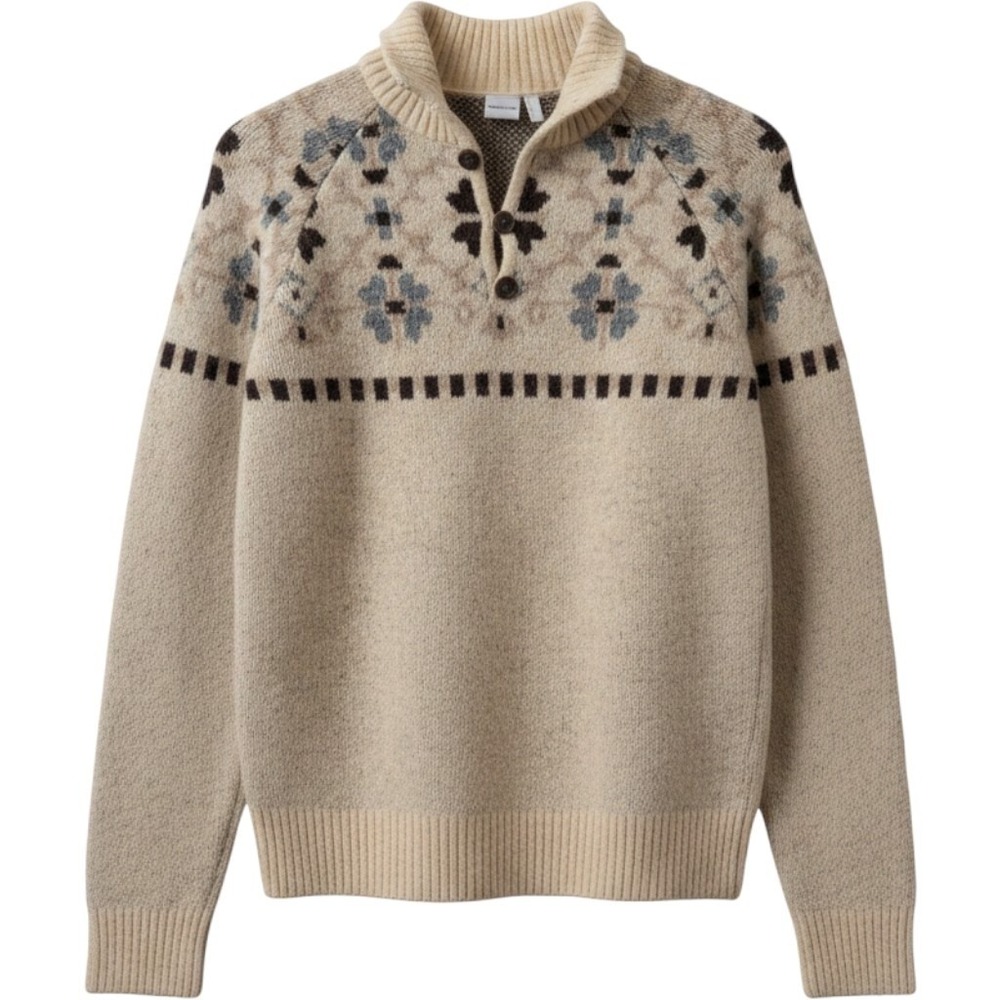 VTG Nordic Cinch Fair Isle Sweater Sz Small Oatmeal Blue Aztec Coastal Grandma